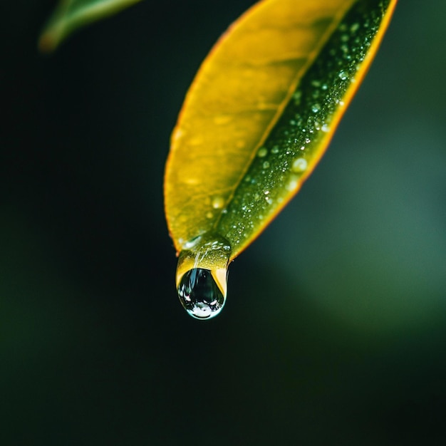 Photo a close up shot of a raindrop clinging to the tip of a leaf