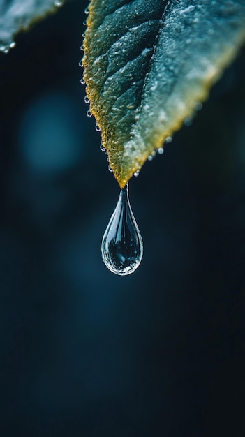 Photo a close up shot of a raindrop clinging to the tip of a leaf