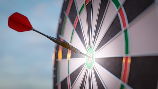 Close up shot red dart arrow on center of dartboard metaphor to target success winner concept 3D illustration