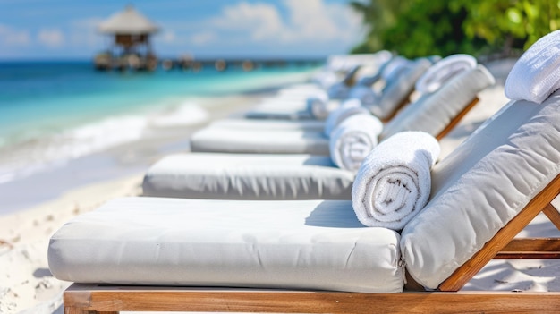 a close up shot of a row sun beds on a pristine beach