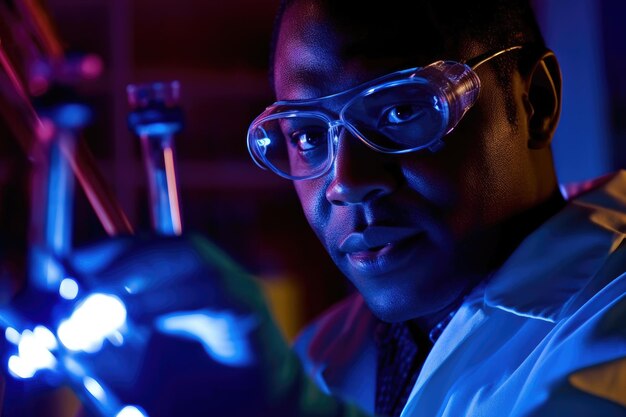 A close up shot of a scientist in a laboratory wearing protective goggles and examining a test tube Generative AI