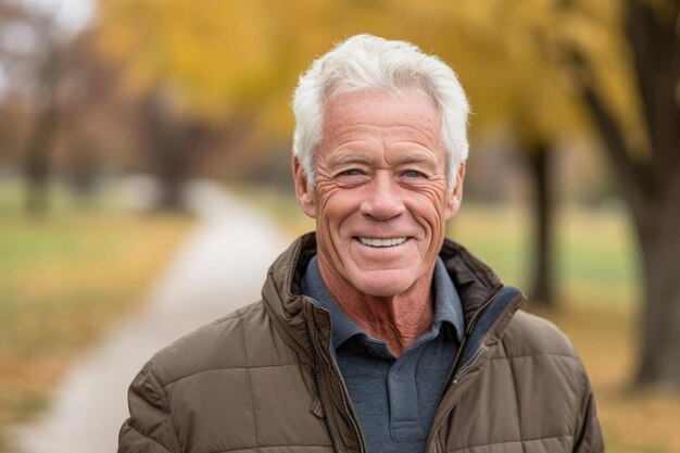 A close up shot of a senior man enjoying a leisurely walk in a scenic park representing active aging and healthy lifestyle Generative AI