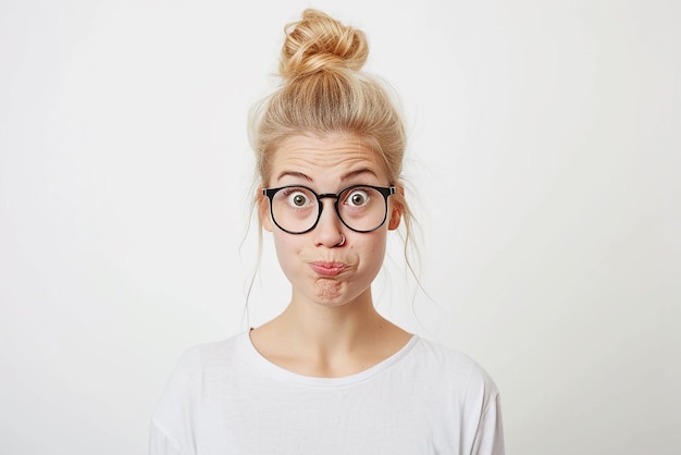 close up shot of shocked women on white isolated background