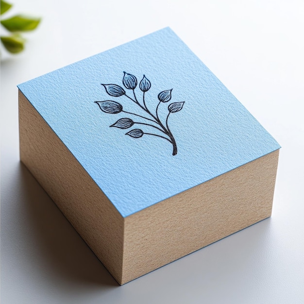 A close up shot of a small wooden box with a light blue paper top featuring a minimalist black