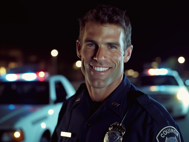 A close up shot of a smiling Caucasian male police officer standing confidently with a police car flashing lights in the background Generative AI