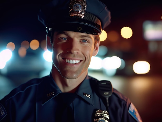 A close up shot of a smiling Caucasian male police officer standing confidently with a police car flashing lights in the background Generative AI