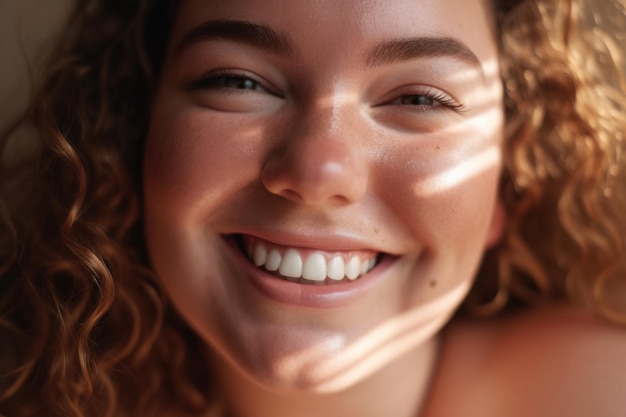 A close up shot of a smiling plus size woman with natural and minimalistic makeup radiating self acceptance Generative AI