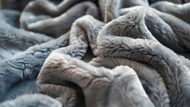 A close up shot of a soft fluffy grey blanket