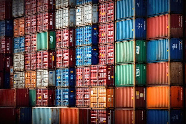 Close up shot of a stack of shipping containers at a busy port emphasizing the logistical aspect of cargo transportation Generative AI