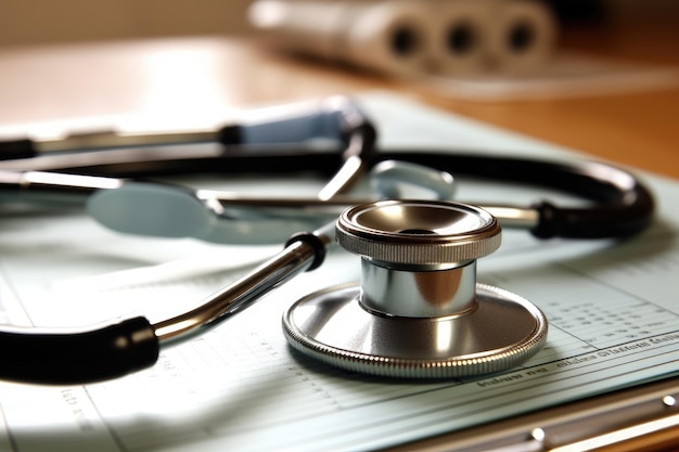 A close up shot of a stethoscope and a clipboard with medical forms on a clean and sterile hospital table Generative AI