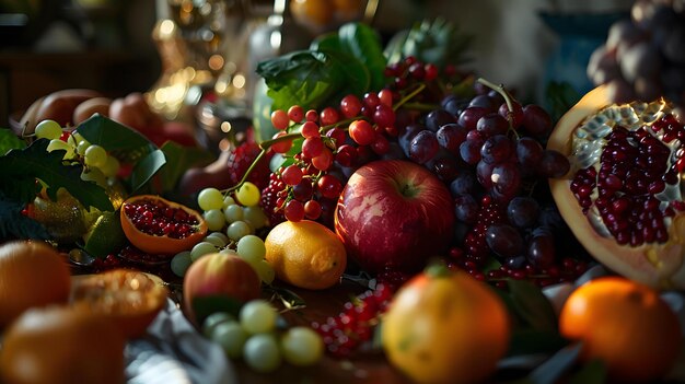 A close up shot of a table set with an assortment of fruits and pastries