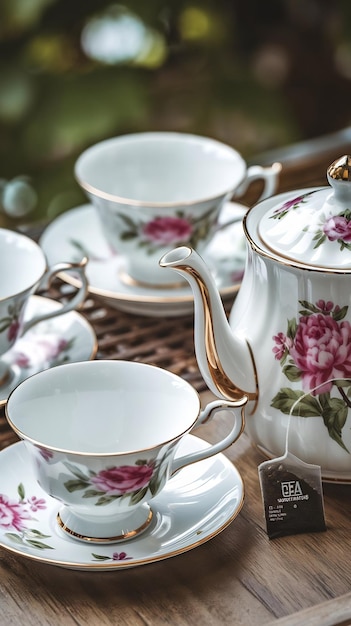 Photo a close up shot of a teaset on a wooden surface