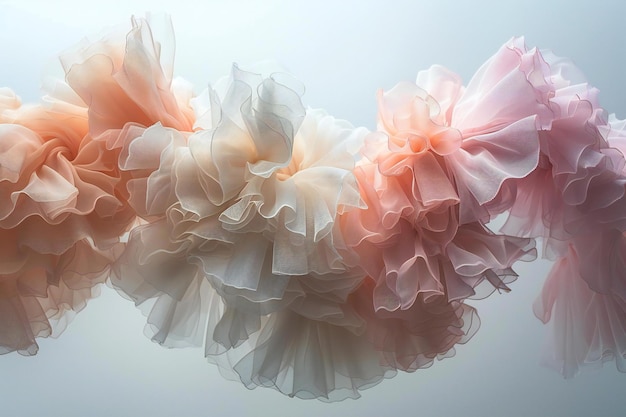 Photo close up shot of tulle ruffles hanging in the air against a white background with soft pastel color