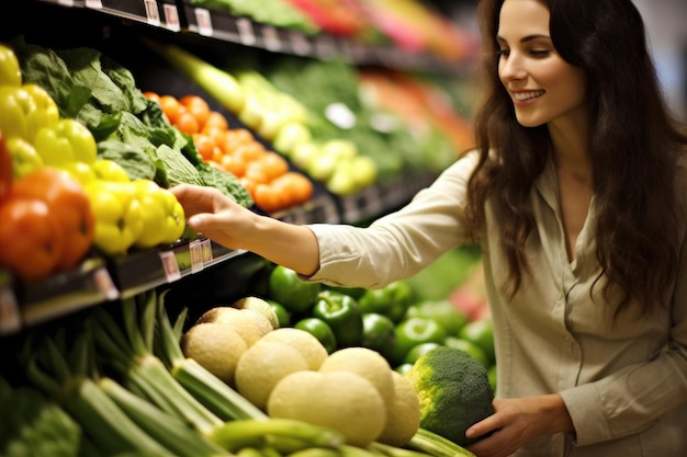 A close up shot of a woman browsing through a section of fresh produce in a grocery store Generative AI