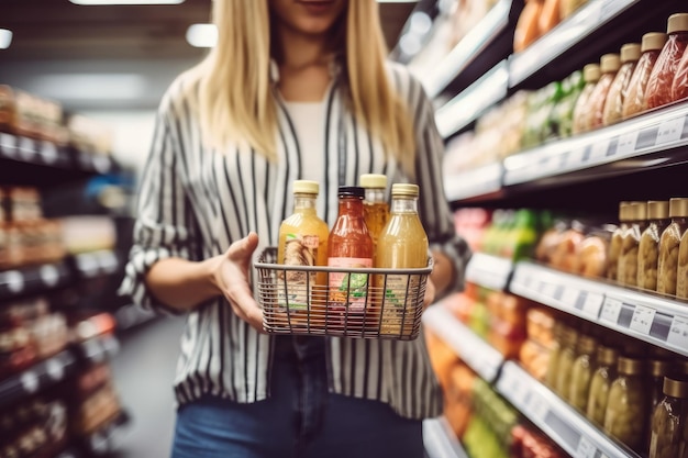 A close up shot of a woman examining the labels of various products in a supermarket Generative AI