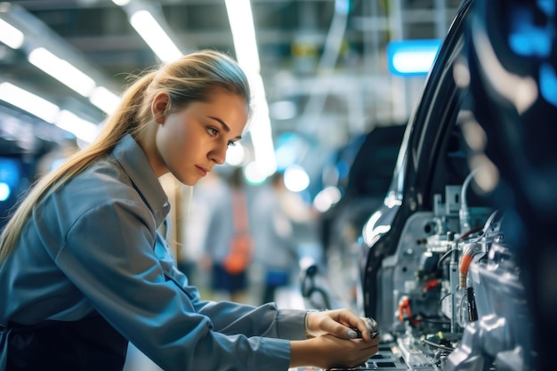 A close up shot of a woman inspecting on a newly produced vehicle on the assembly line Generative AI