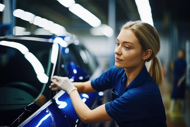 A close up shot of a woman inspecting on a newly produced vehicle on the assembly line Generative AI