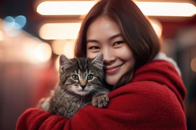 A close up shot of a woman with a gentle smile cradling a newly adopted cat in her arms at an animal shelter Generative AI