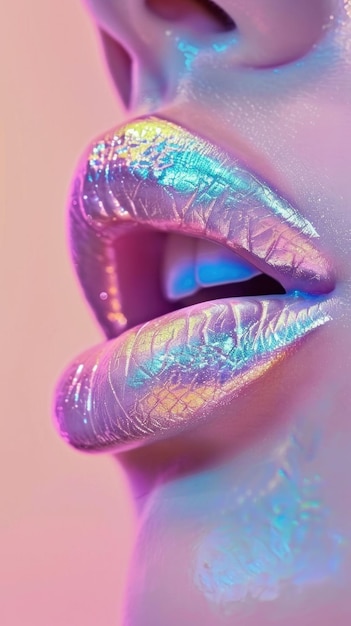 Close up shot of womans lips with vibrant rainbow colored lip gloss beauty and fashion concept