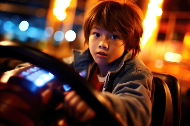 A close up shot of a young boy laughing and enjoying the adrenaline rush of a bumper car collision Generative AI