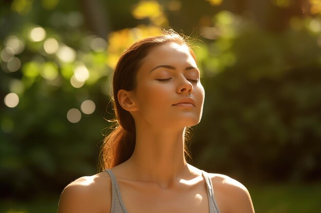 A close up shot of a young woman practicing yoga in a peaceful outdoor setting Generative AI