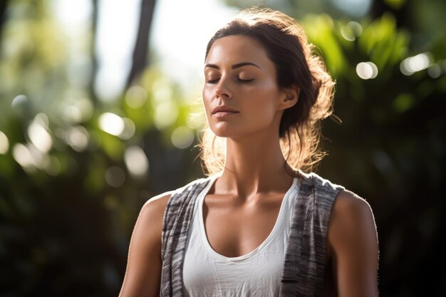 A close up shot of a young woman practicing yoga in a peaceful outdoor setting Generative AI