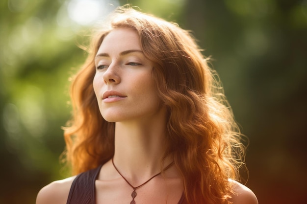 A close up shot of a young woman practicing yoga in a peaceful outdoor setting Generative AI