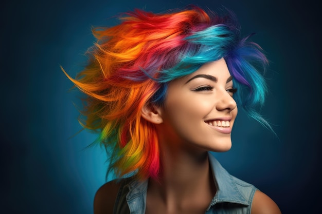 A close up shot of a young woman with a vibrant and colorful hairstyle showcasing individuality and creativity Generative AI