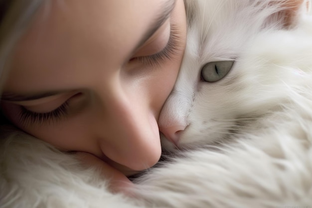 Close up showcases a woman's hand gently petting her cat soft fur Generative AI