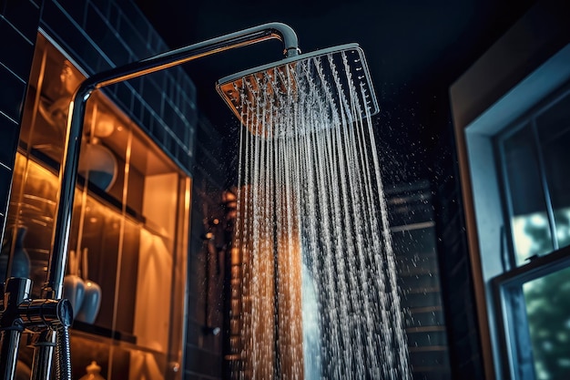 Close up of a shower in a bathroom pouring water out of it