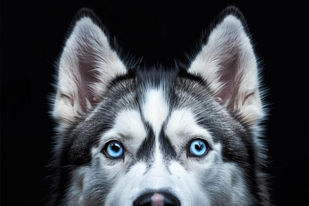 Close up of a Siberian Husky s head with blue eyes isolated on a black background facing forward