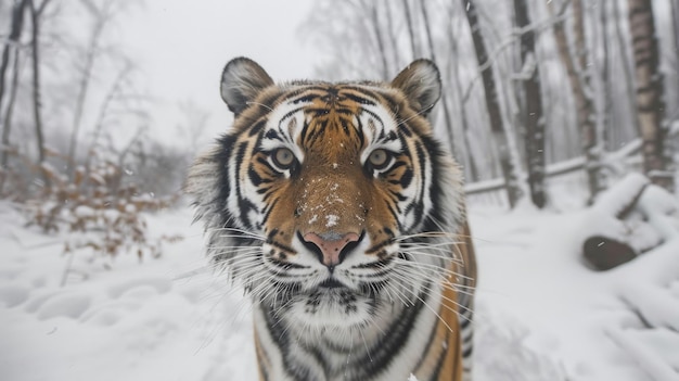 Photo a close up of a siberian tiger in the snow the tiger is looking at the camera with a fierce expression the background is blurred and consists of snowcovered trees