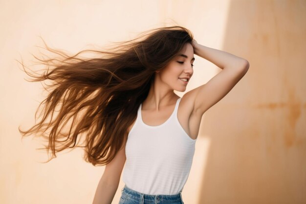 Photo close up side profile photo beautiful her she lady hands arms together overjoyed weather warm wind b