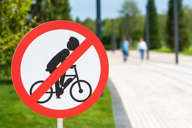 Close up on sign prohibiting cycling