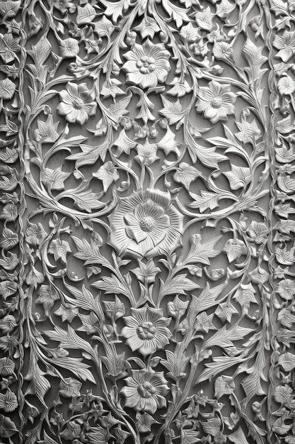 A close up of a silver and white floral design on a pillar.