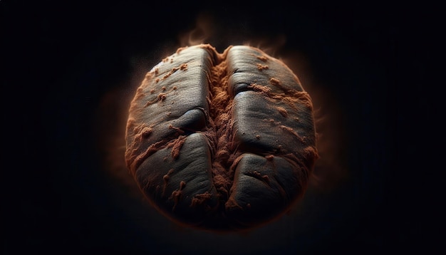 close up A single coffee bean isolated on a black background The bean is wet and has small water droplets on its surface