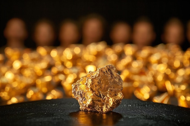 Close up of single gold nugget on black background with blurred big group in the back gold jewelry