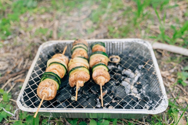 Close up of single use grill for outdoors picnic with vegetables on wooden stick