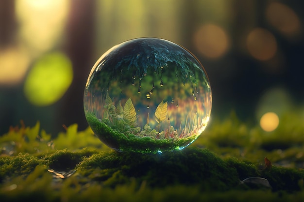 A close-up of a single water droplet, with an image of planet earth reflected within it.