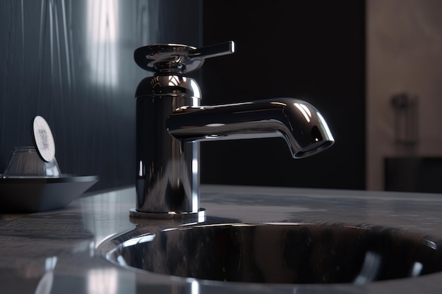 A close up of a sink with a faucet in a dark room.