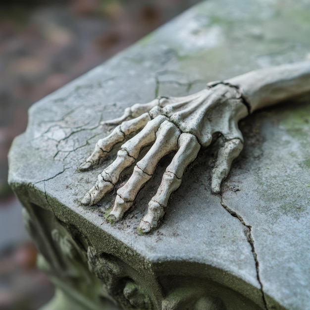 Photo close up of a skeletal hand resting on a weathered tombstone