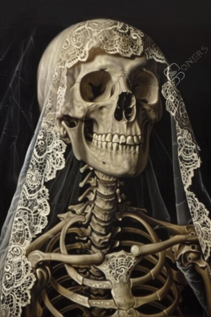 Photo a close up of a skeleton wearing a veil and a veiled headpiece generative ai