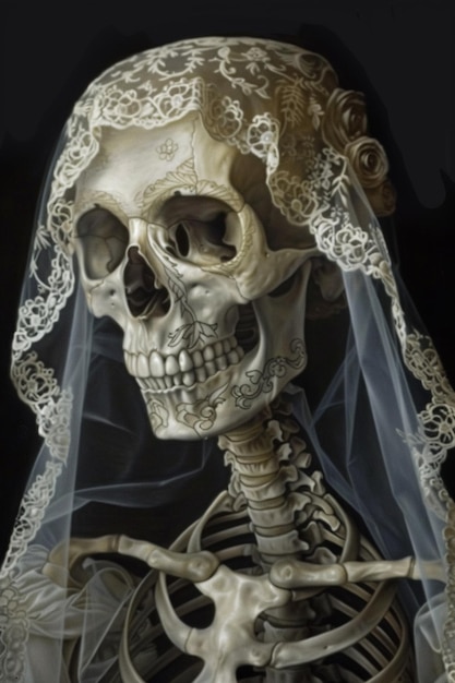 Photo a close up of a skeleton wearing a veil and a veiled headpiece generative ai