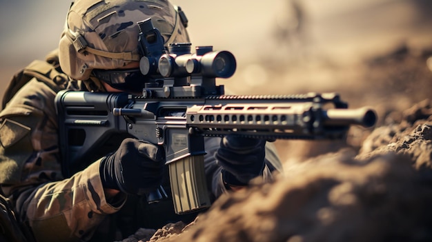 Close up of skilled army sniper aiming with optical