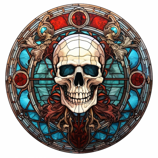 A close up of a skull in a stained glass window generative ai