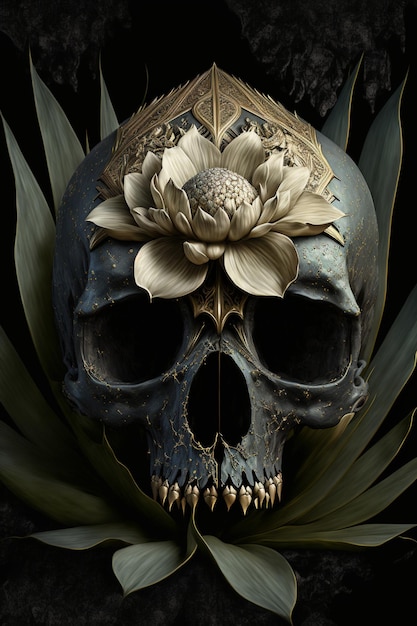 Close up of a skull with a flower on it generative ai