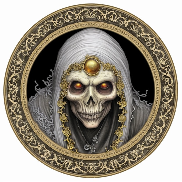 A close up of a skull with a gold eye and a white robe generative ai