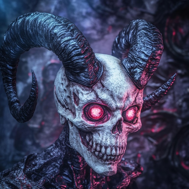 Photo a close up of a skull with horns and a demons head generative ai