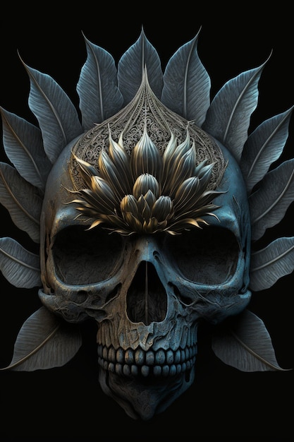 Close up of a skull with leaves on it generative ai