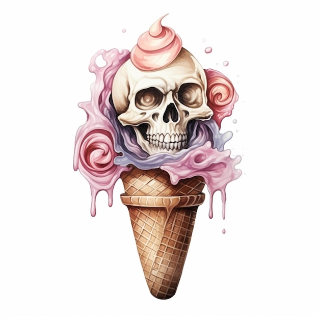 A close up of a skull with a pink ice cream cone generative ai